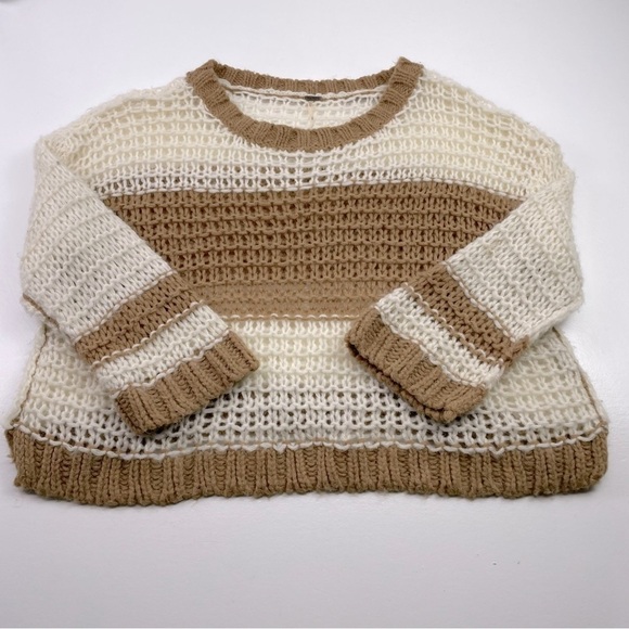 Free People Ivory Striped Monaco Sweater Small Pullover Crochet Knit Wool Blend - Picture 2 of 9